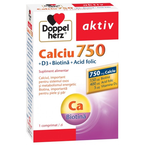 Doppelherz Calciu 750+D3+Biotin+Acid Folic 30cp